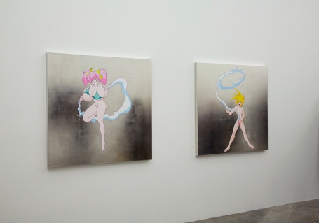 Left: Takashi Murakami, Hiropon, 2009, acrylic and platinum leaf on canvas mounted on board, 48 x 48 inches. Right: Takashi Murakami, Lonesome Cowboy, 2009, acrylic and platinum leaf on canvas mounted on board, 48 x 48 inches